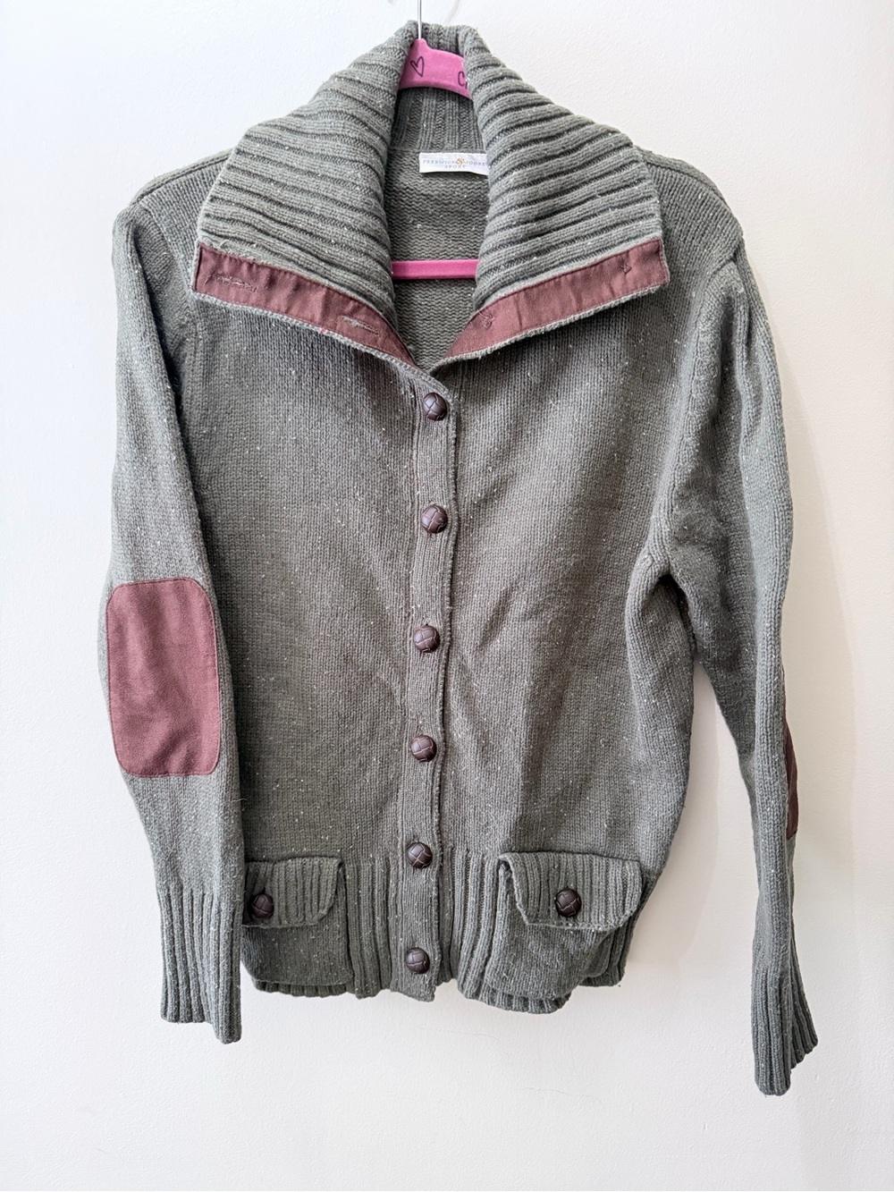 Vintage Olive Green Knit Cardigan Sweater Elbow Patches Wool Preppy Cottage Busi